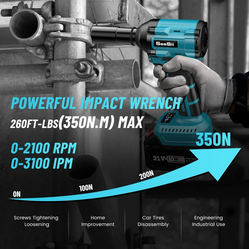 Seesii 1/2-Inch Cordless Impact Wrench with 260 Ft-Lbs, Brushless 1/2" Impact Wrench Equipped with 2 X 4.0 Batteries, Fast Charger, 4 Sockets, 4 Drill & Driver Bits, Electric Pistola De Impacto for Car and Home