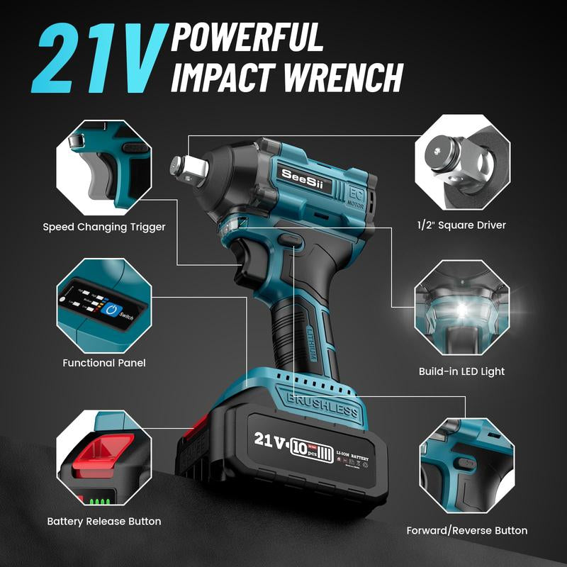 Seesii 1/2-Inch Cordless Impact Wrench with 260 Ft-Lbs, Brushless 1/2" Impact Wrench Equipped with 2 X 4.0 Batteries, Fast Charger, 4 Sockets, 4 Drill & Driver Bits, Electric Pistola De Impacto for Car and Home