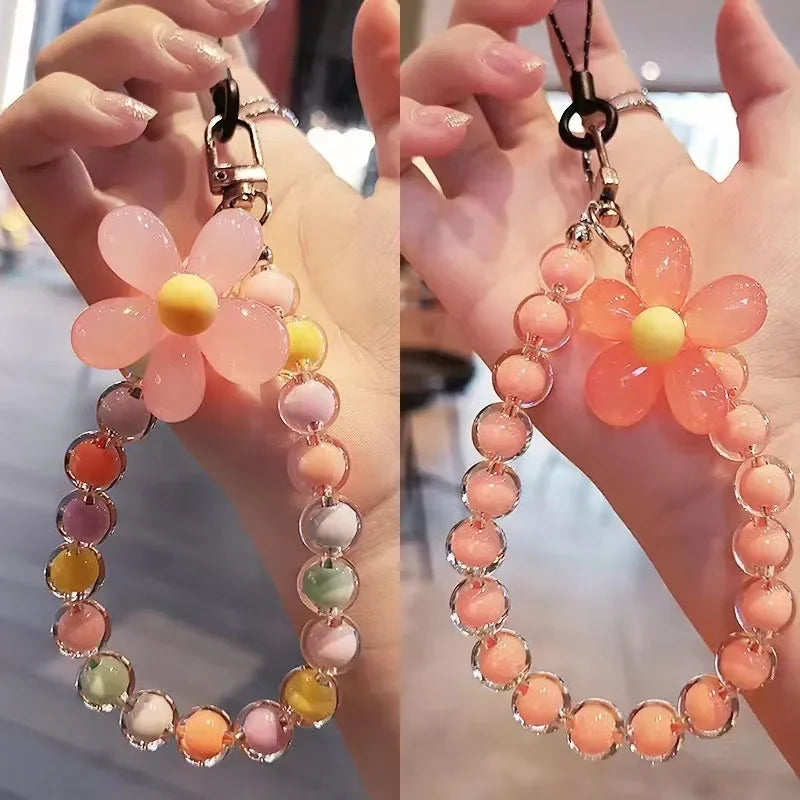 Colored bead petal Lanyard for IPhone Anti-Lost Bracelet for Samsung Mobile Phone Case Wrist Strap Car Keychain Cute Phone Charm