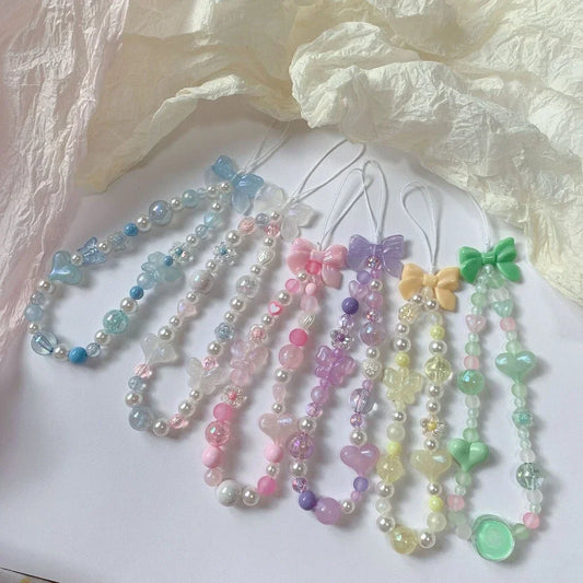 Bow Heart Beaded Bracelet Colorful Lanyard Flower Butterfly Phone Charm Pearl Mobile Phone Wrist Straps Acrylic Anti-Lost Chains