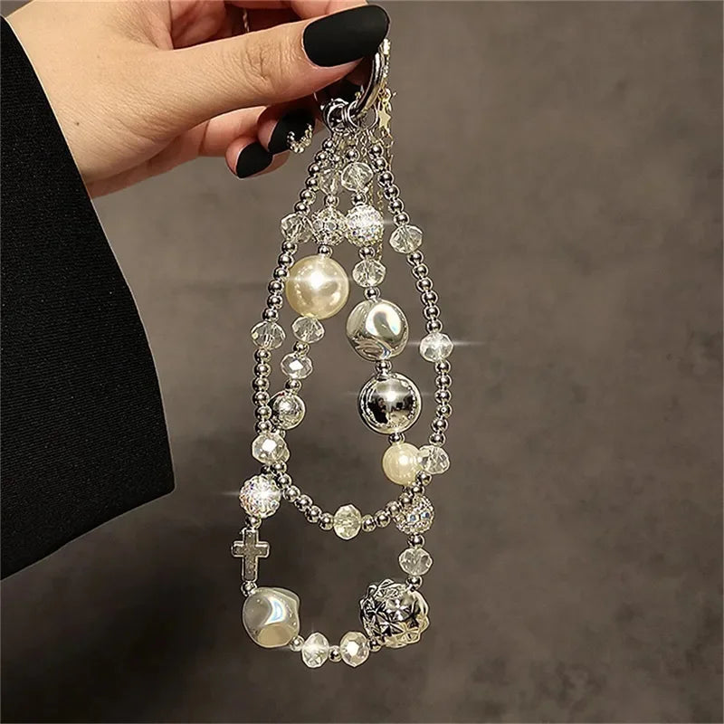 Luxury Retro Rhinestone Pearl Beaded Keychain Bracelet Lanyard Phone Charm Mobile Phone Camera Wrist Strap Anti-Lost Pendant