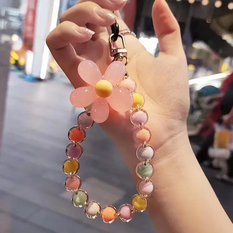 Colored bead petal Lanyard for IPhone Anti-Lost Bracelet for Samsung Mobile Phone Case Wrist Strap Car Keychain Cute Phone Charm