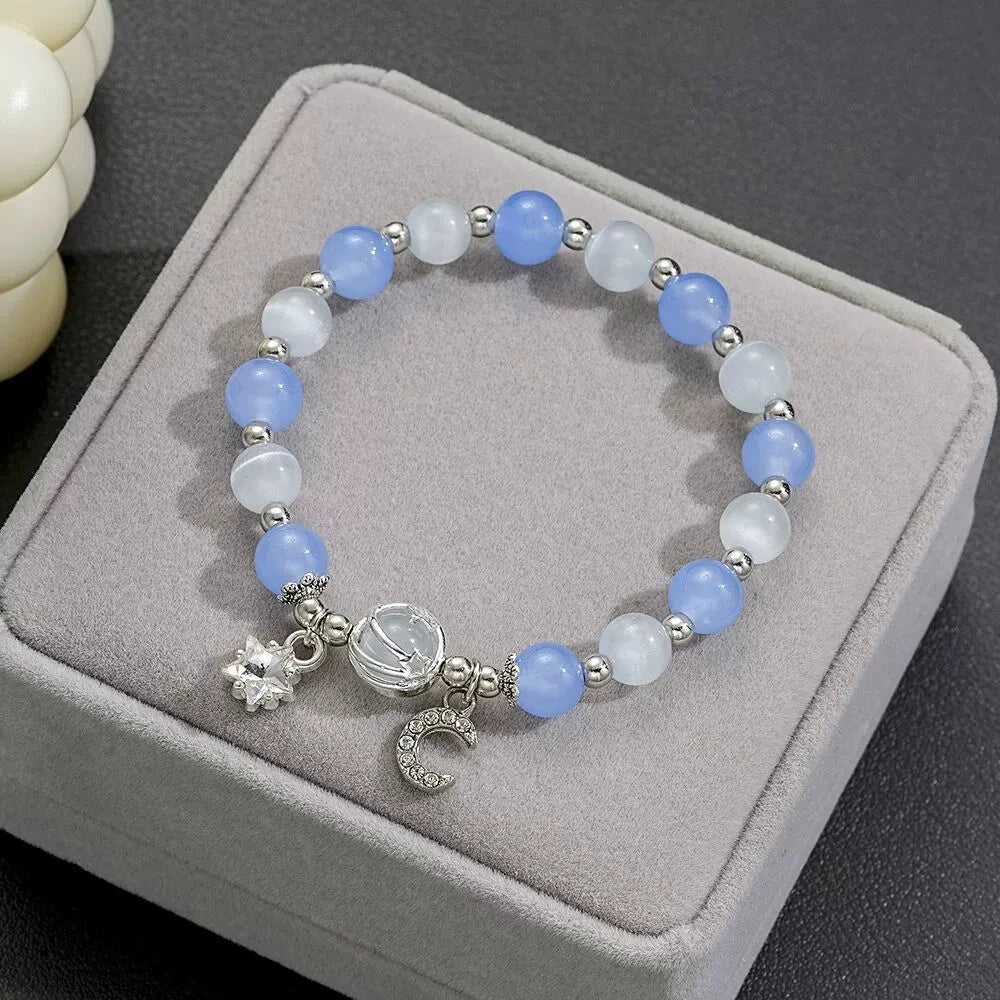 Niche Design Star Chain Tassel Bracelet for Women Fantasy Blue Crystal Beads Elastic Rope Bracelet Best Friend Jewelry Gifts