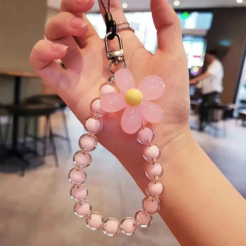 Colored bead petal Lanyard for IPhone Anti-Lost Bracelet for Samsung Mobile Phone Case Wrist Strap Car Keychain Cute Phone Charm