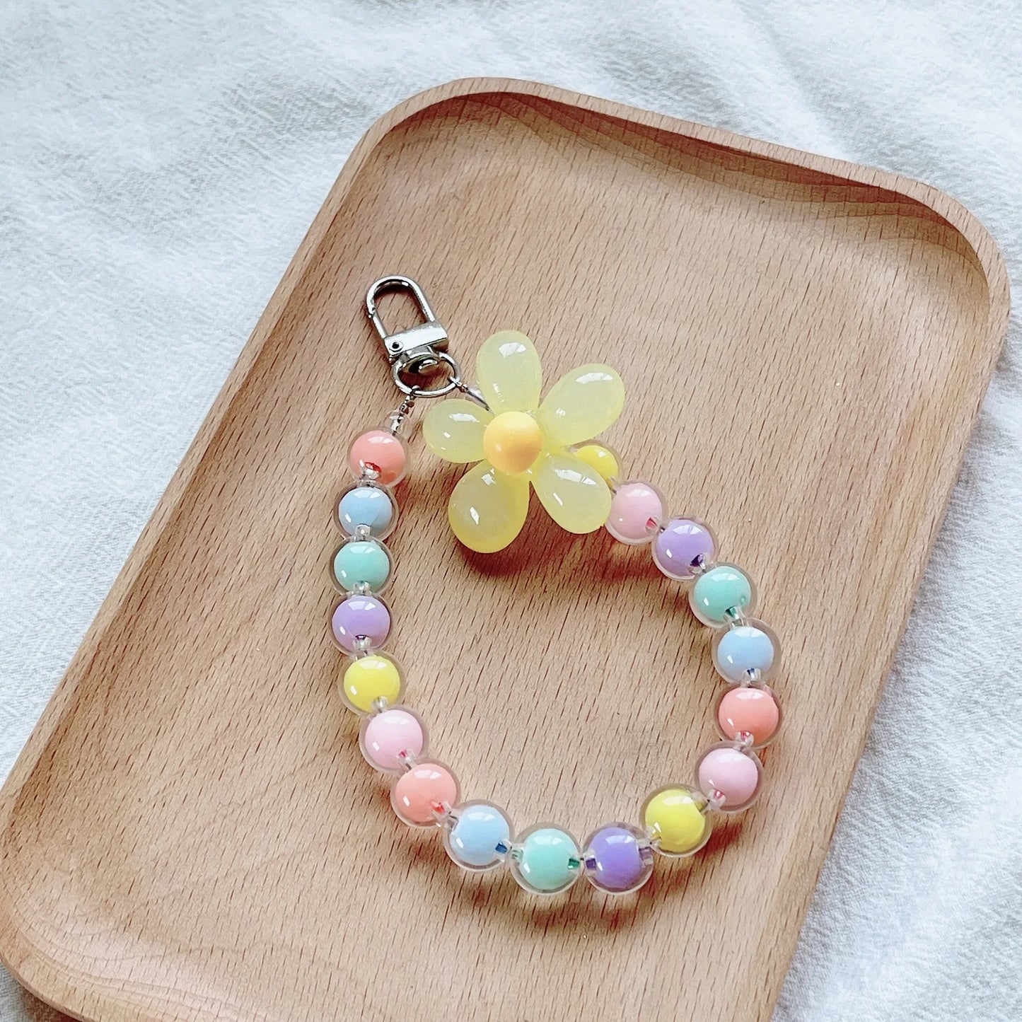 Colored bead petal Lanyard for IPhone Anti-Lost Bracelet for Samsung Mobile Phone Case Wrist Strap Car Keychain Cute Phone Charm