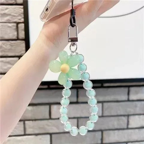 Colored bead petal Lanyard for IPhone Anti-Lost Bracelet for Samsung Mobile Phone Case Wrist Strap Car Keychain Cute Phone Charm