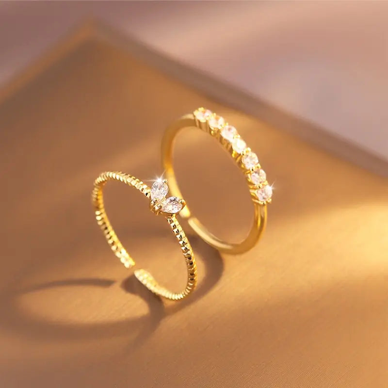 2pcs Trendy Gold Color Heart Zircon Rings Set For Women Luxury Fashion Elegant Twist Rings 2023 New Gifts And Party Jewelry