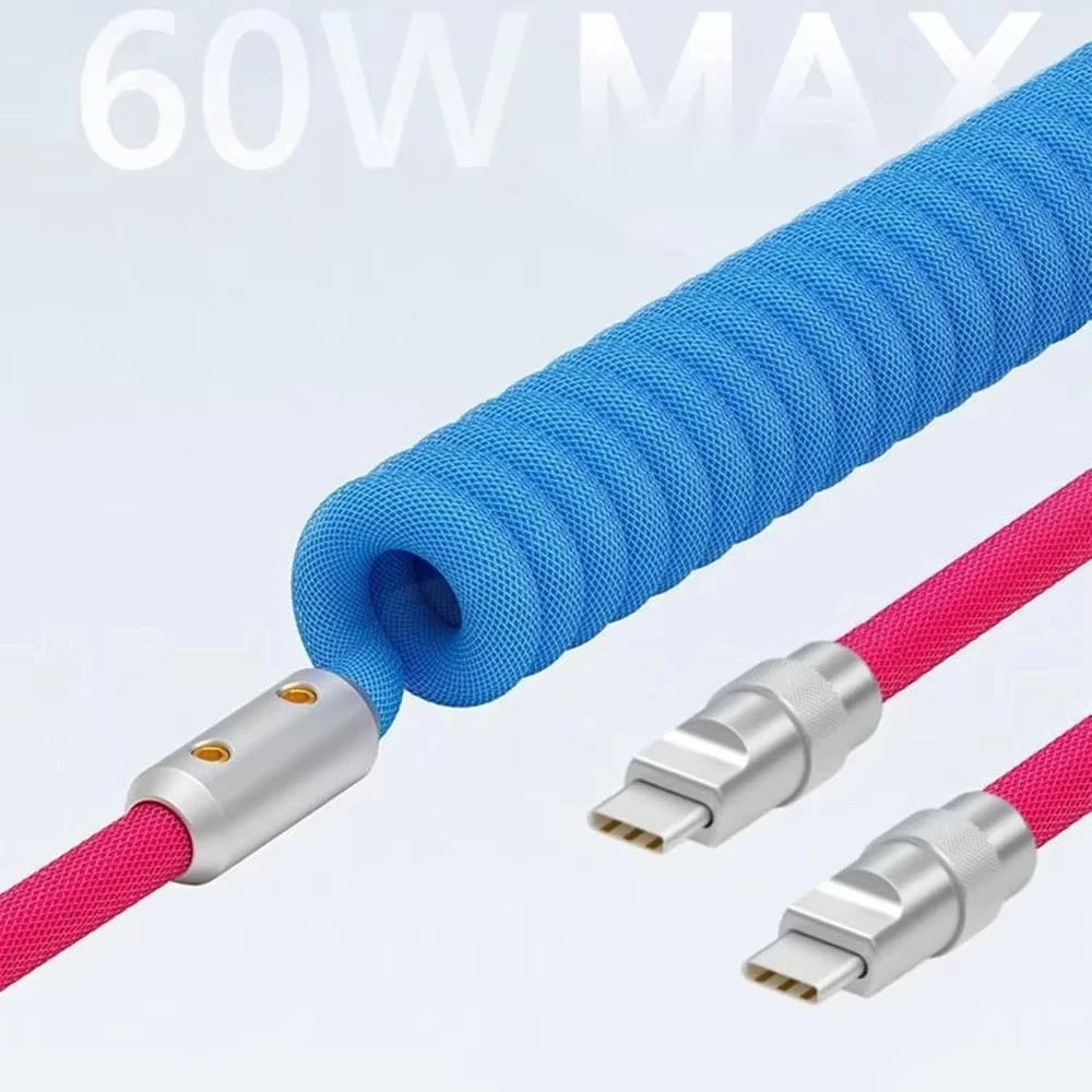 60W Fast Charging Spring USB C to Type C Cable For 15 Pro Max Samsung Xiaomi Huawei Phone Charger