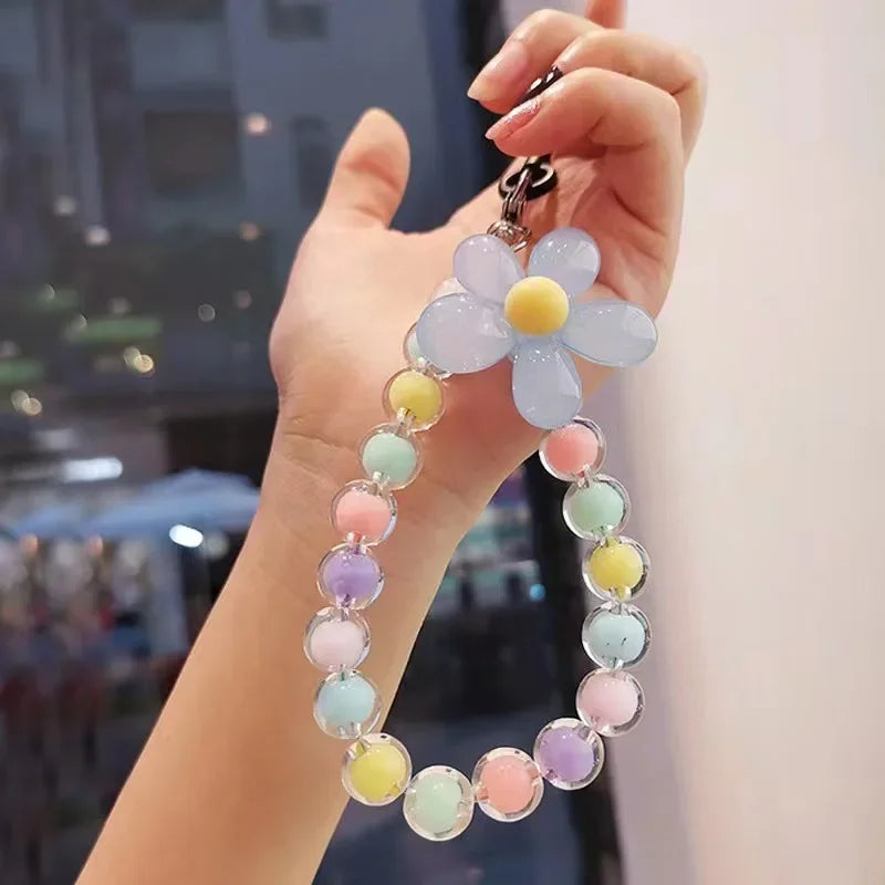 Colored bead petal Lanyard for IPhone Anti-Lost Bracelet for Samsung Mobile Phone Case Wrist Strap Car Keychain Cute Phone Charm