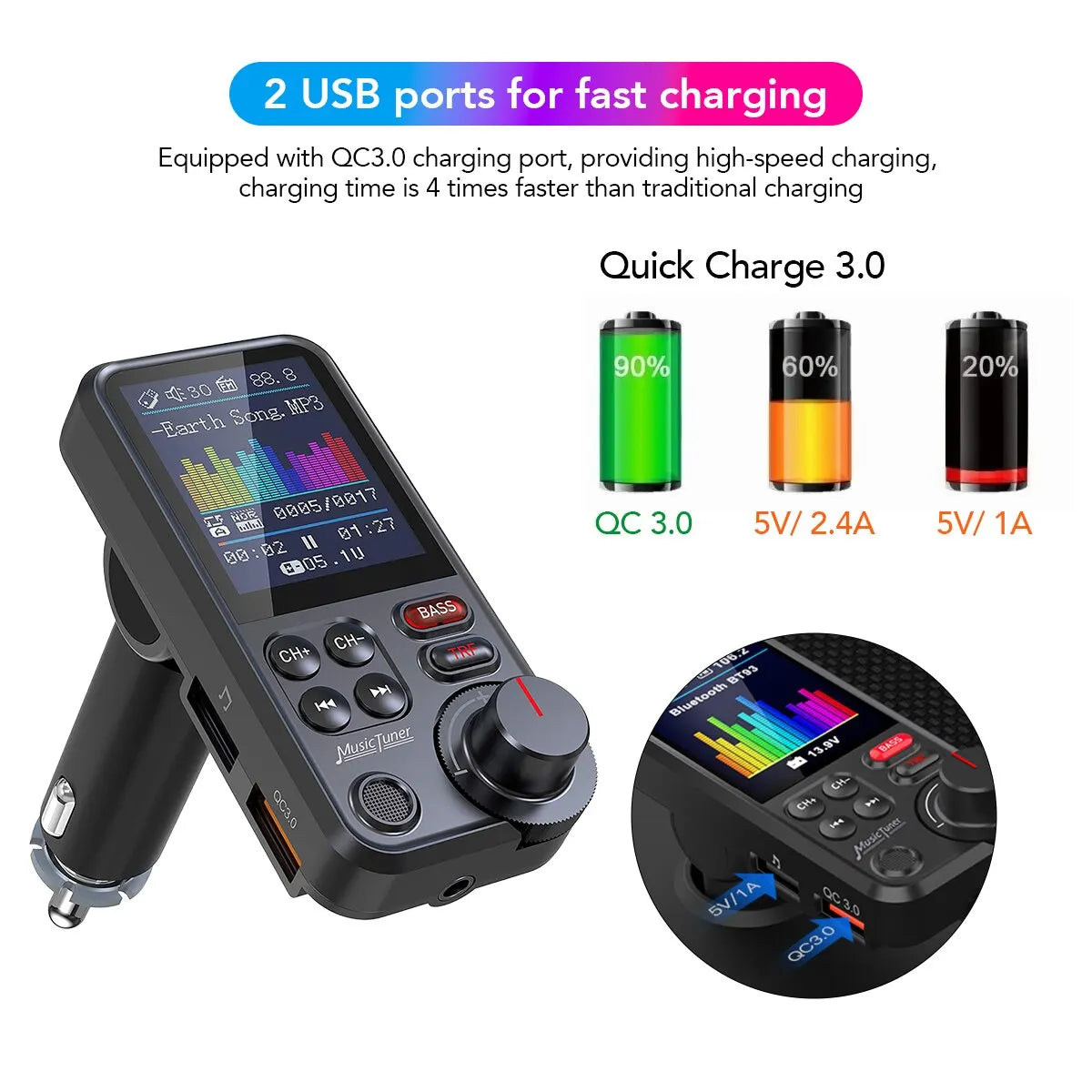 1.8 Inch Wireless Car Bluetooth FM Transmitter Aux Supports Bass Sound Music Player