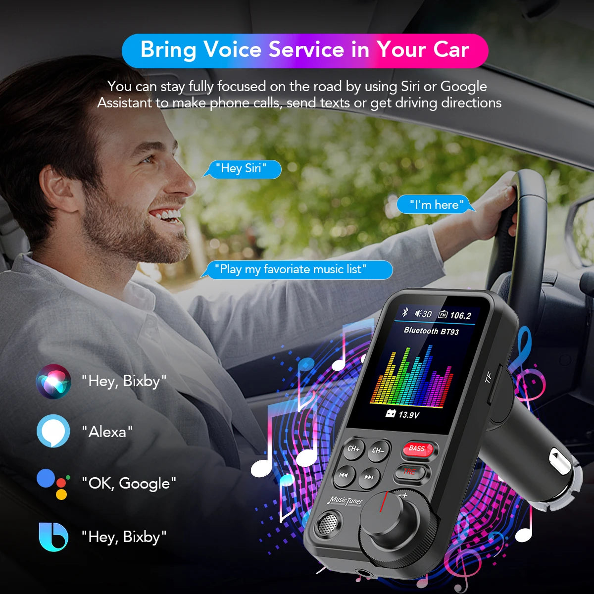 1.8 Inch Wireless Car Bluetooth FM Transmitter Aux Supports Bass Sound Music Player