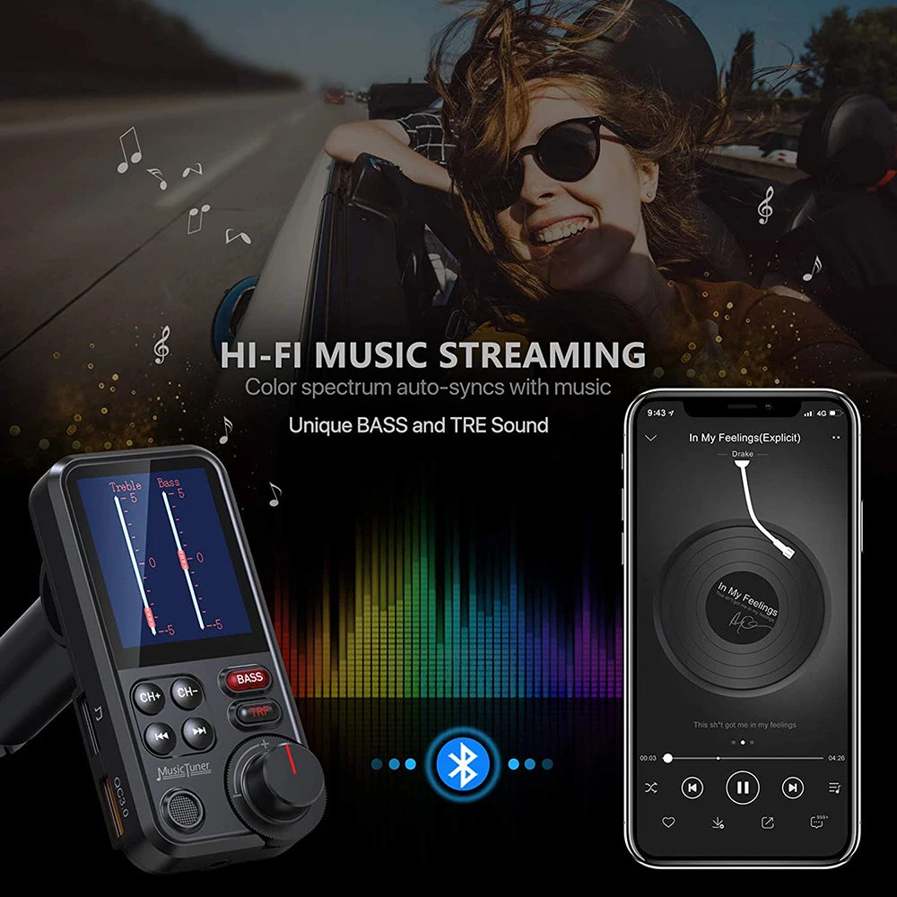 1.8 Inch Wireless Car Bluetooth FM Transmitter Aux Supports Bass Sound Music Player