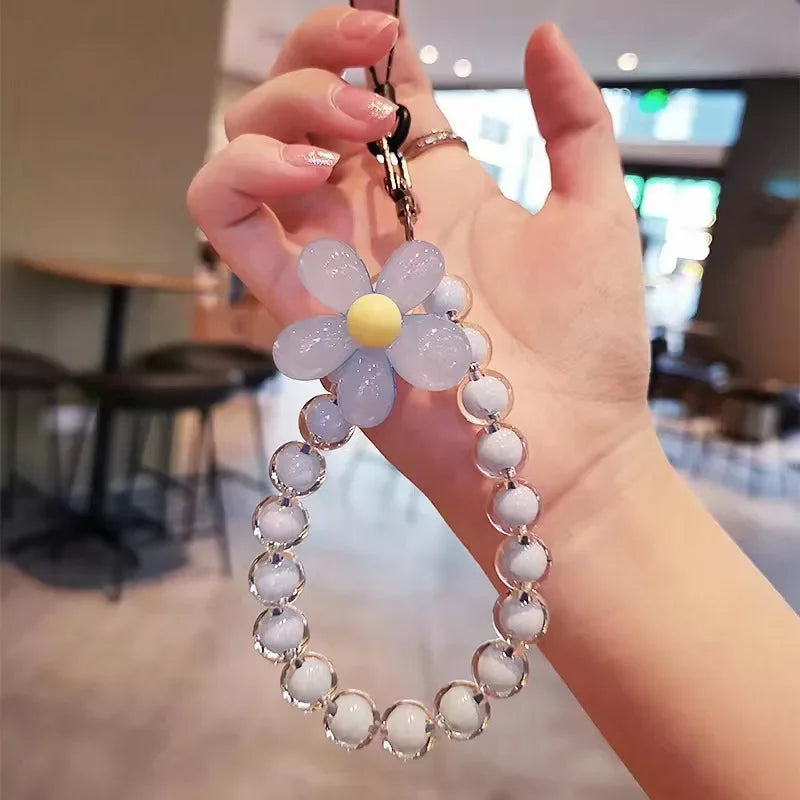 Colored bead petal Lanyard for IPhone Anti-Lost Bracelet for Samsung Mobile Phone Case Wrist Strap Car Keychain Cute Phone Charm