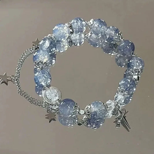 Niche Design Star Chain Tassel Bracelet for Women Fantasy Blue Crystal Beads Elastic Rope Bracelet Best Friend Jewelry Gifts