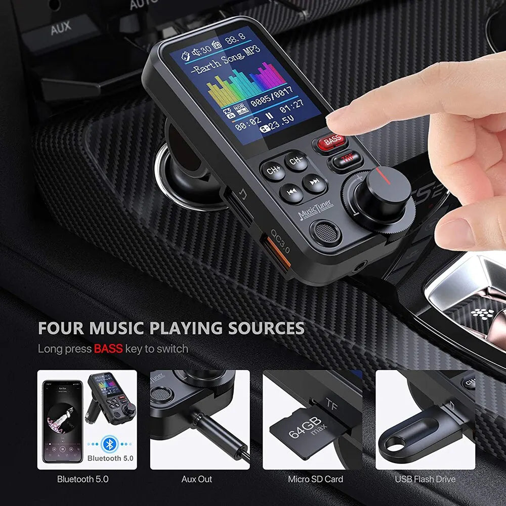 1.8 Inch Wireless Car Bluetooth FM Transmitter Aux Supports Bass Sound Music Player