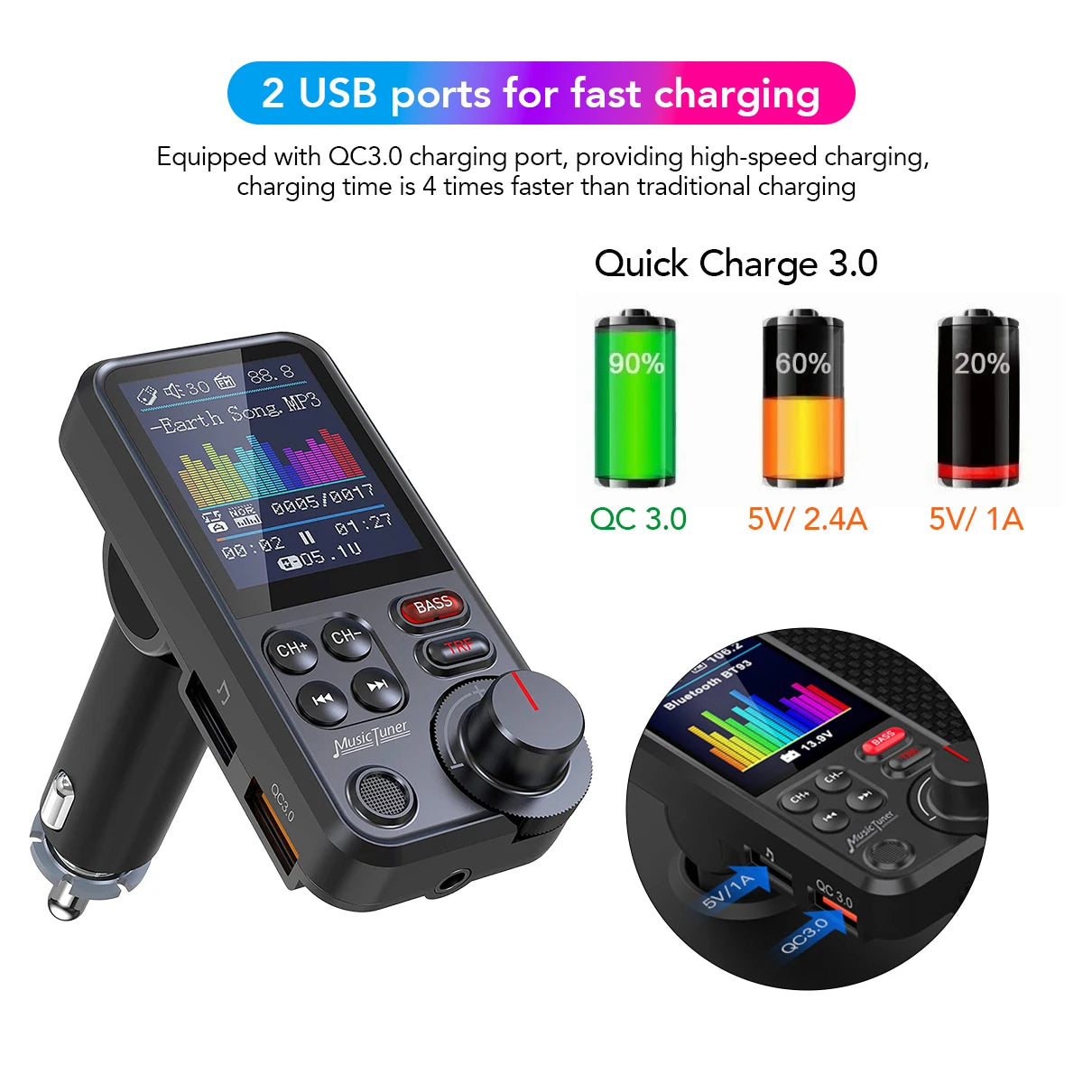 1.8 Inch Wireless Car Bluetooth FM Transmitter Aux Supports Bass Sound Music Player