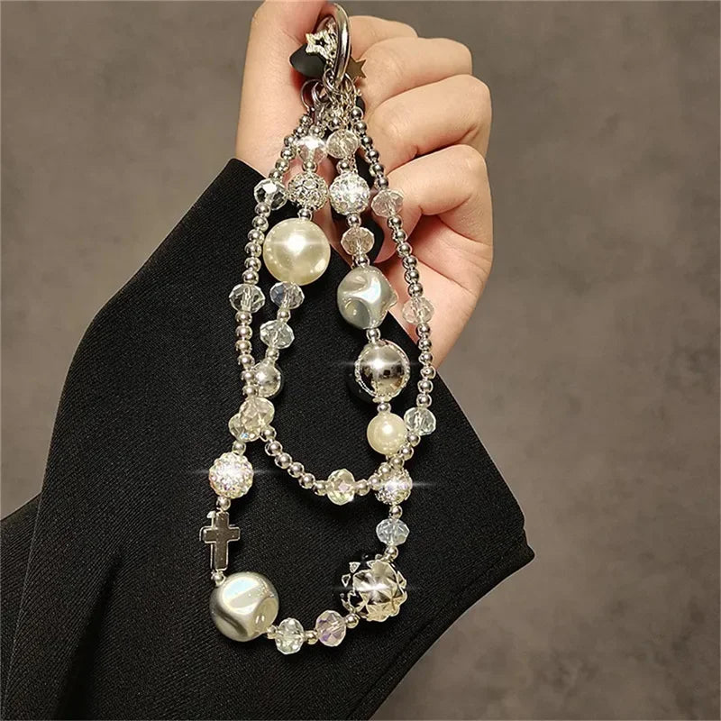 Luxury Retro Rhinestone Pearl Beaded Keychain Bracelet Lanyard Phone Charm Mobile Phone Camera Wrist Strap Anti-Lost Pendant