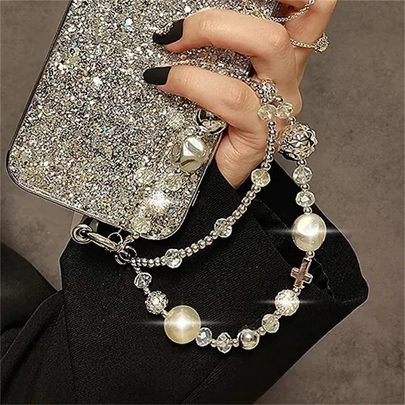 Luxury Retro Rhinestone Pearl Beaded Keychain Bracelet Lanyard Phone Charm Mobile Phone Camera Wrist Strap Anti-Lost Pendant