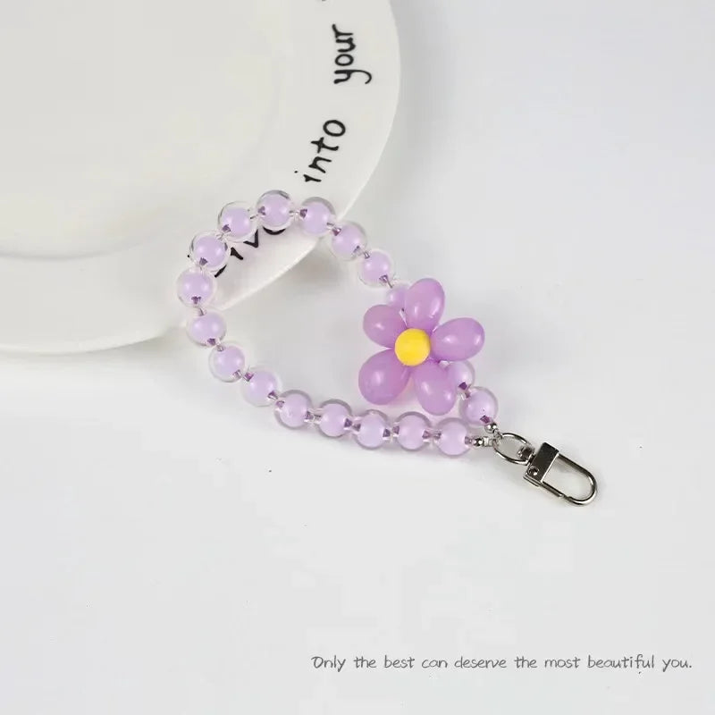 Colored bead petal Lanyard for IPhone Anti-Lost Bracelet for Samsung Mobile Phone Case Wrist Strap Car Keychain Cute Phone Charm