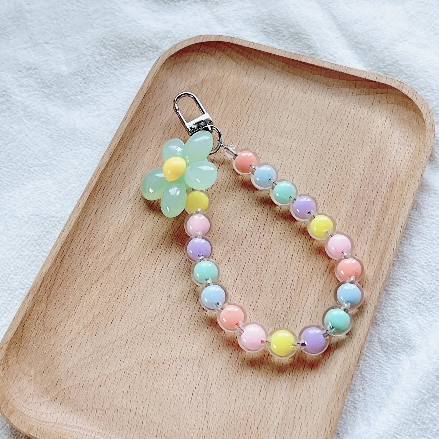 Colored bead petal Lanyard for IPhone Anti-Lost Bracelet for Samsung Mobile Phone Case Wrist Strap Car Keychain Cute Phone Charm