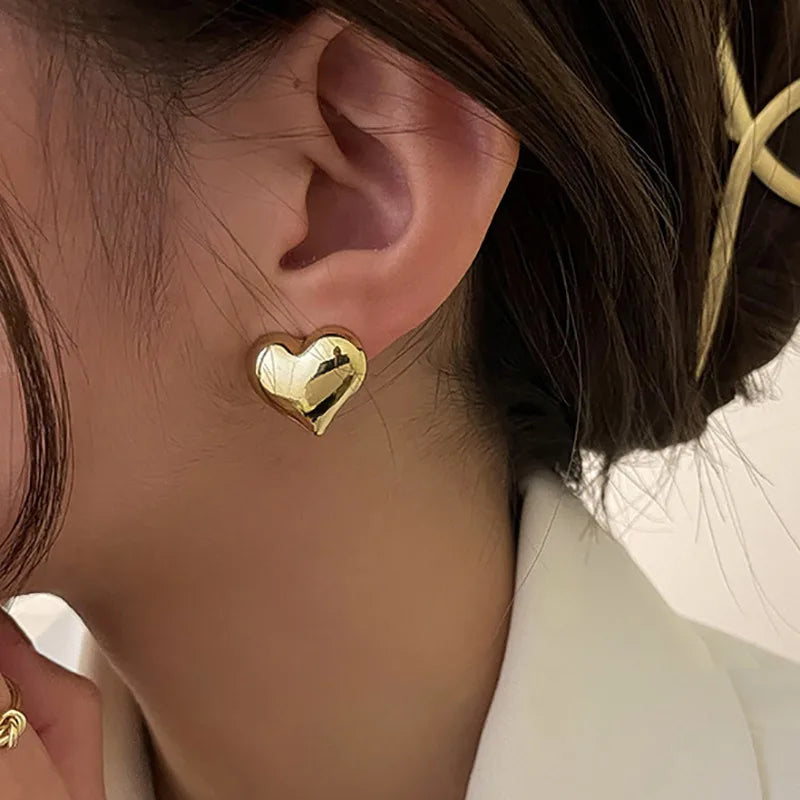 LATS Gold Color Smooth Surface Love Heart Shaped Stud Earrings Women Minimalist Fashion Girl Wedding Bridal Jewelry