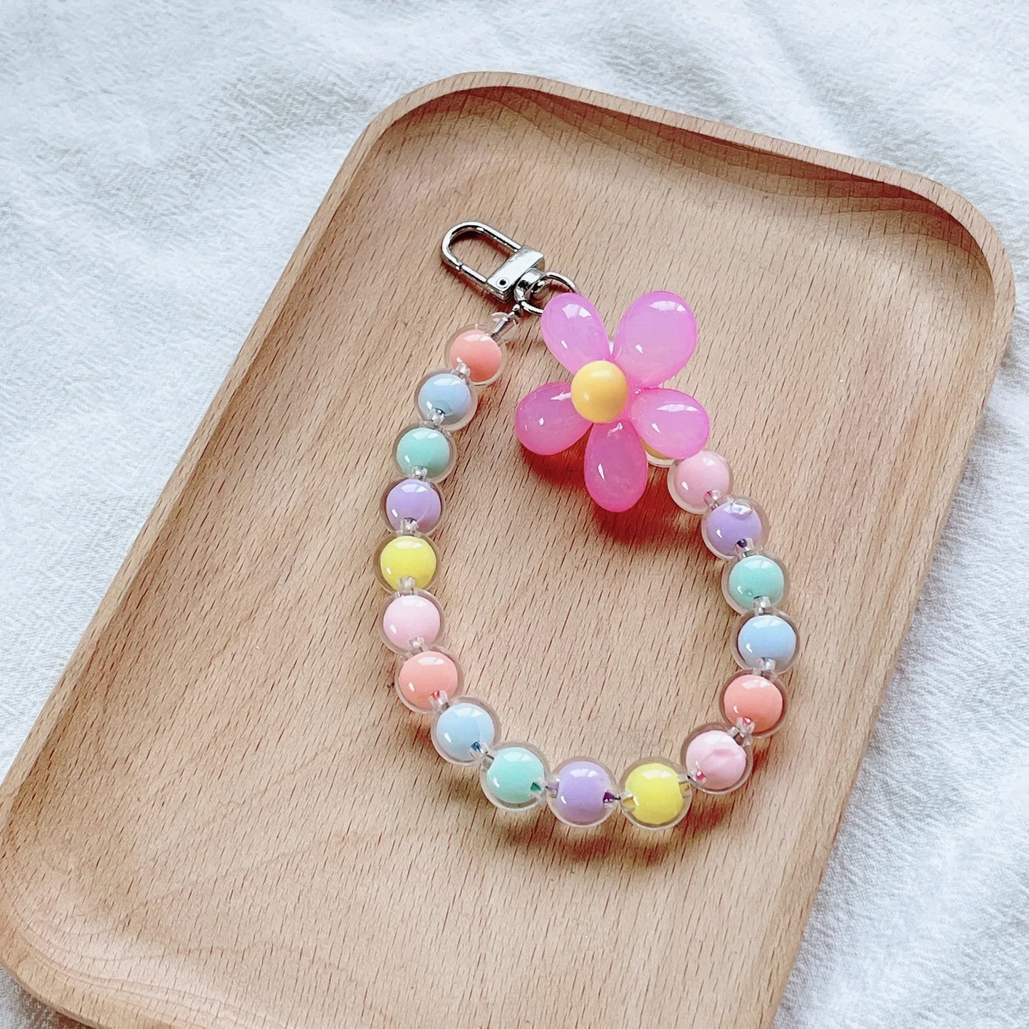 Colored bead petal Lanyard for IPhone Anti-Lost Bracelet for Samsung Mobile Phone Case Wrist Strap Car Keychain Cute Phone Charm