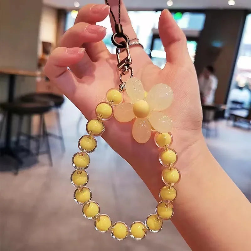 Colored bead petal Lanyard for IPhone Anti-Lost Bracelet for Samsung Mobile Phone Case Wrist Strap Car Keychain Cute Phone Charm