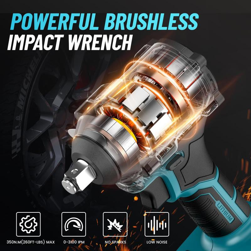 Seesii 1/2-Inch Cordless Impact Wrench with 260 Ft-Lbs, Brushless 1/2" Impact Wrench Equipped with 2 X 4.0 Batteries, Fast Charger, 4 Sockets, 4 Drill & Driver Bits, Electric Pistola De Impacto for Car and Home