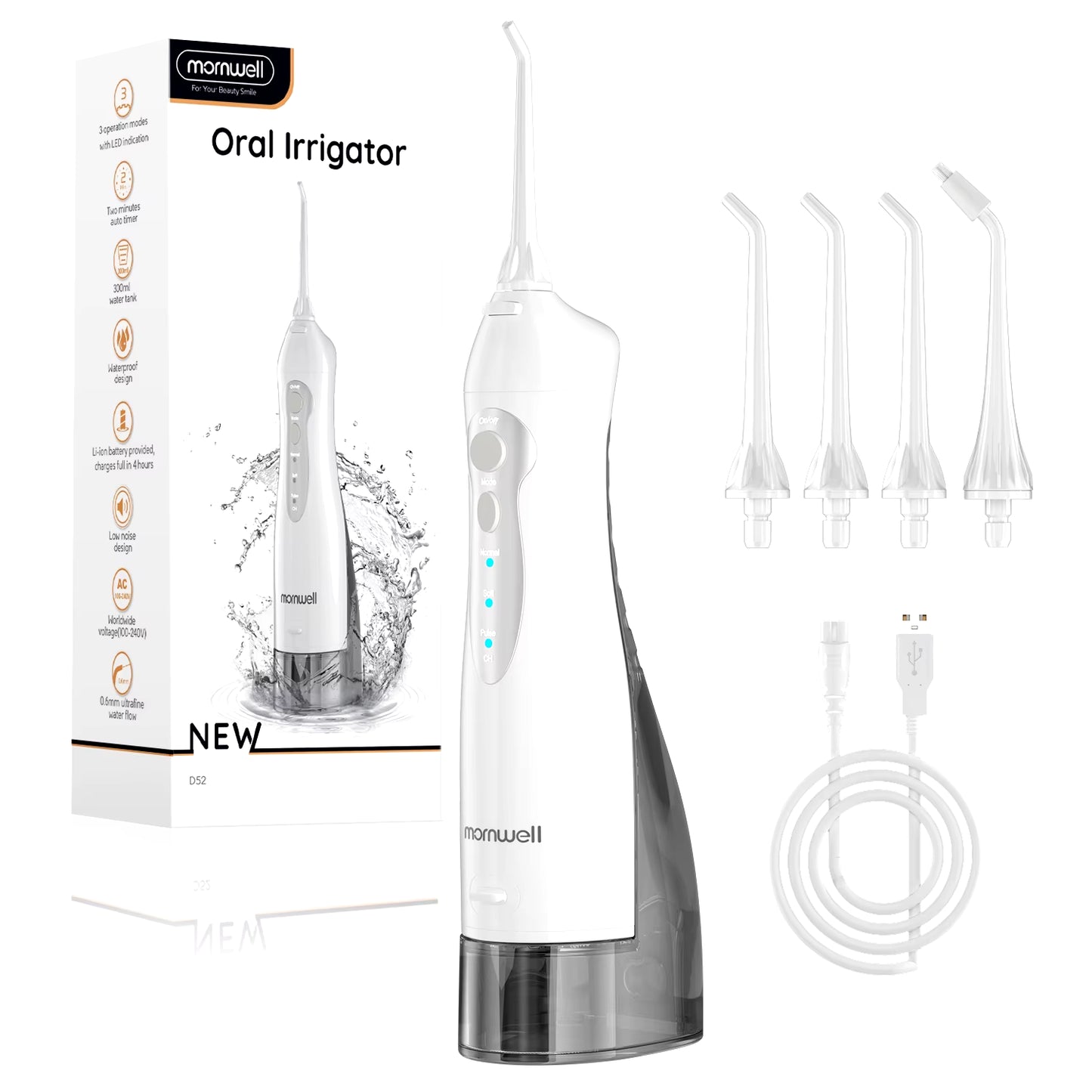 Oral Irrigator D52 Portable Dental Water Flosser USB Rechargeable Water Jet Floss Tooth Pick 4 Jet Tip 300Ml 3 Modes Teeth Clean